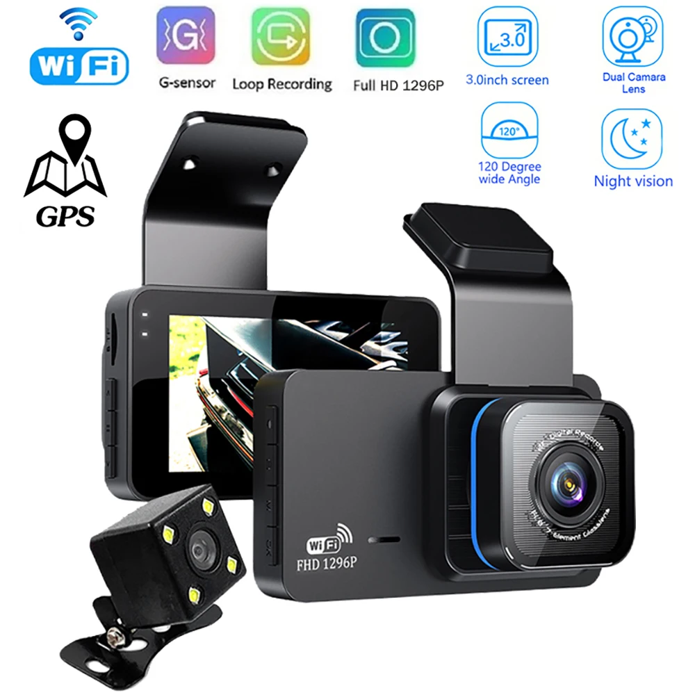 

Автомобильный видеорегистратор, WiFi, GPS, 1296P Full HD, двойная камера заднего вида, видеорегистратор для вождения, ночное видение, автомобильный парковочный монитор, черный ящик