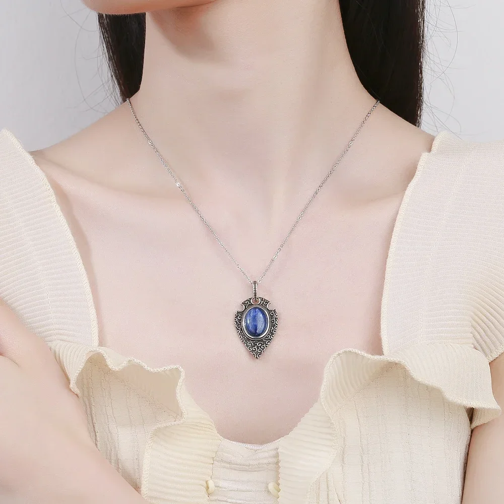 Natural Kyanite Pendant S925 Sterling Silver Necklace for Women Vintage Style Jewelry Accessorise Wedding Party Anniversary Gift pendant necklace silver necklace silver pendant