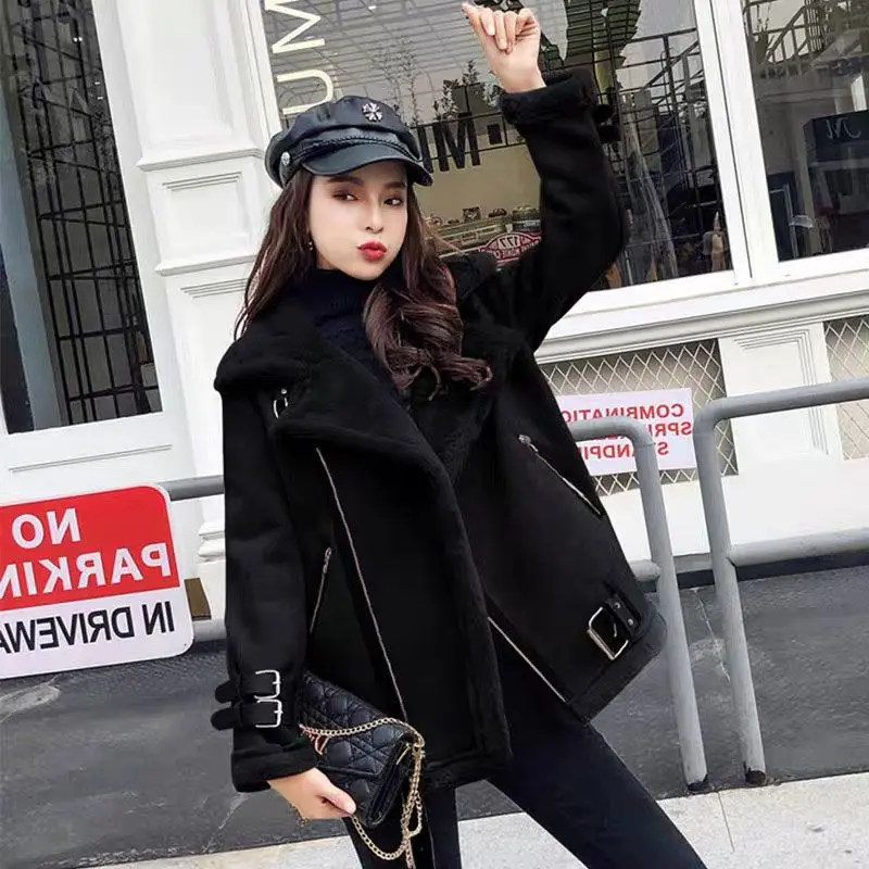 

Autumn and Winter Outerwear Plush and Thickened Clothes with Leather and Fur Integrated Fried Street Jacket Women's Lamb Wool