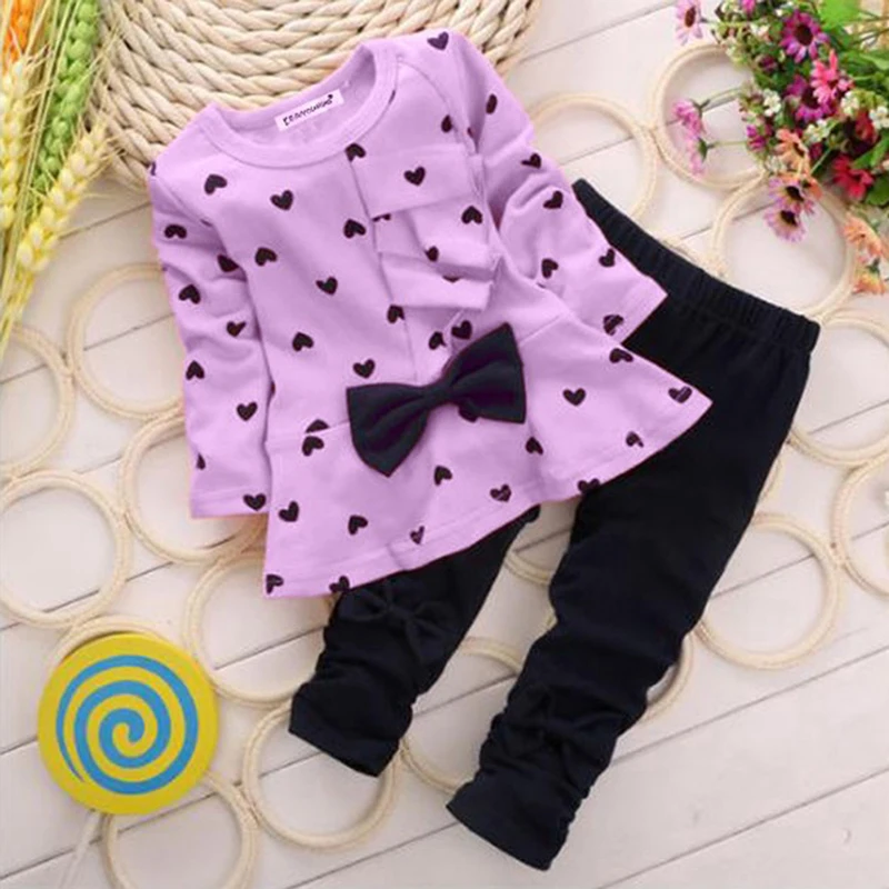 2Pcs Newborn Infant Baby Girls Clothes Set Spring Autumn Toddler Girls Heart Print Bow Dress Tops + Solid Pants Kids Cloth Sets