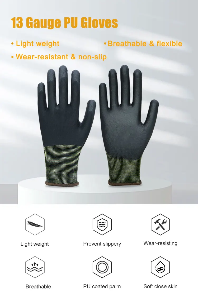 10 pairs 13 Gauge Nylon Pu Coated Glove Safety Work Gloves Pu