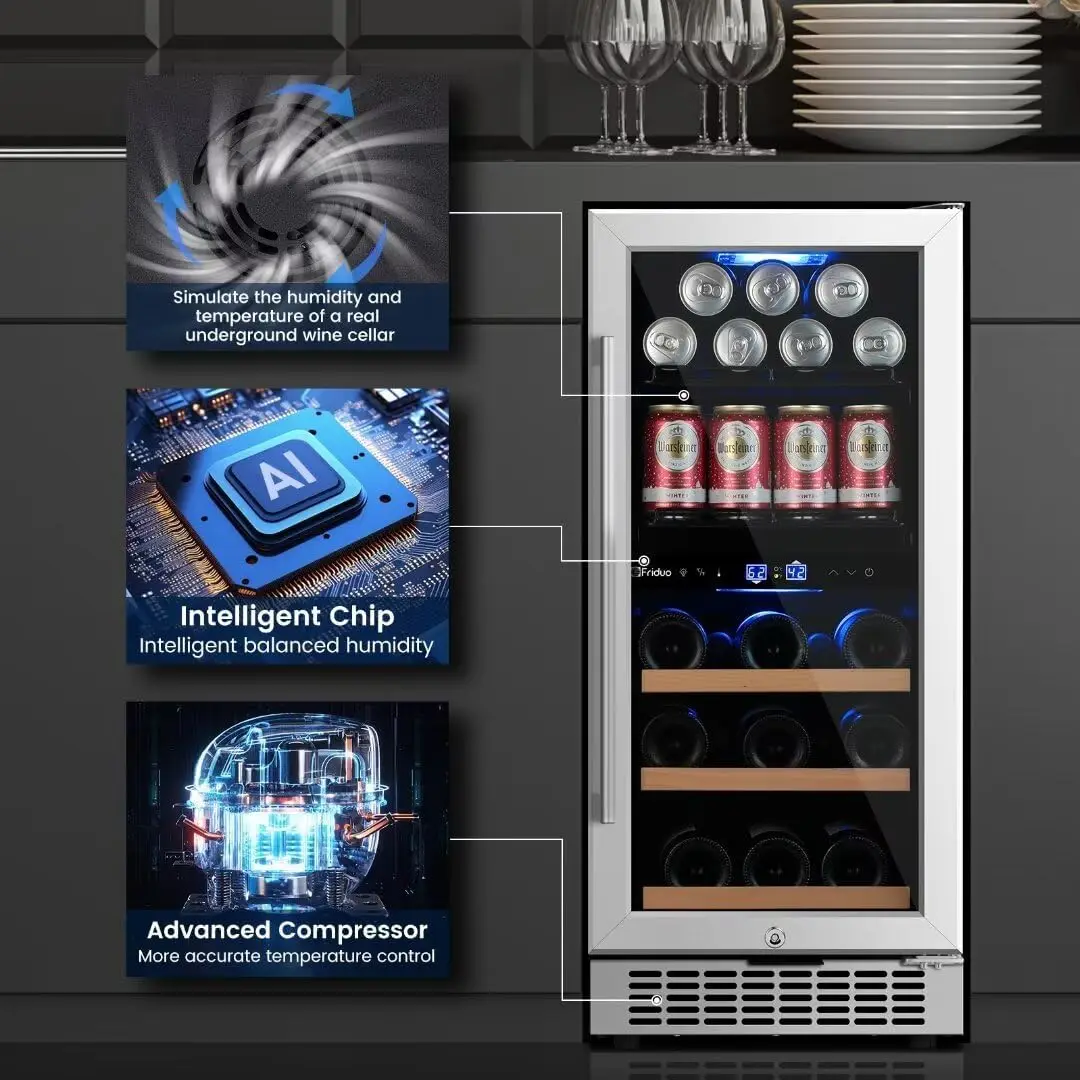 inch Wine Beverage Refrigerator,13 Bottles 48 Cans Dual Zones Temperature Wine Fridge Undercounter or Freestanding Drink Cool 4