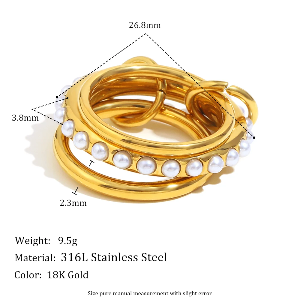 E.B.belle Neuer eleganter Stil für Damen, drei Schichten, Imitationsperlen-Ring, wasserdicht, 18 Karat vergoldet, 316L-Edelstahl-Schmuck – Detail 1