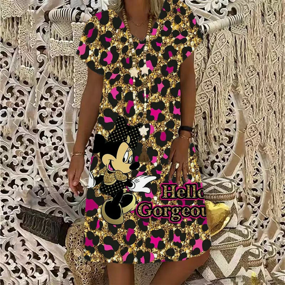 

2022 Summer Women's Dresses Disney Minnie Mickey Mouse Print Dress V-Neck Fashion Design New Casual Women's Knee Length Skirt