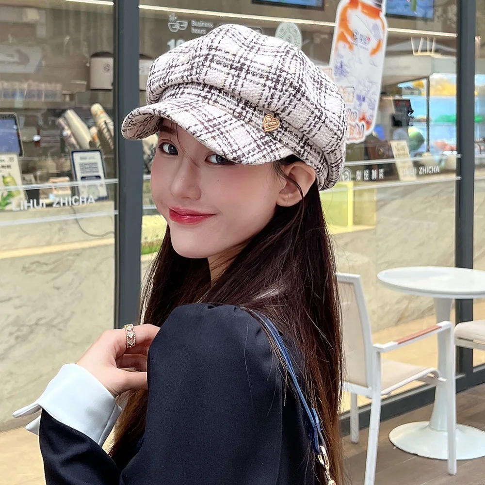 Baskenmütze Frauen Zeitungsjunge Mütze Frühling Herbst Plaid Achteckige Hüte Für Frauen Mode Stil Süße Casual Neue Vintage – Detail 18