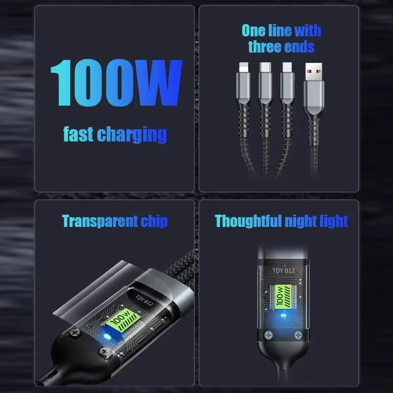 3 In 1 100w Transparent Fast Charging Cable Type C Usb Micro For Huawei OPPO Vivo Samsung Xiaomi Pilot Lamp Charger Usb C 6A BEST SELLERS