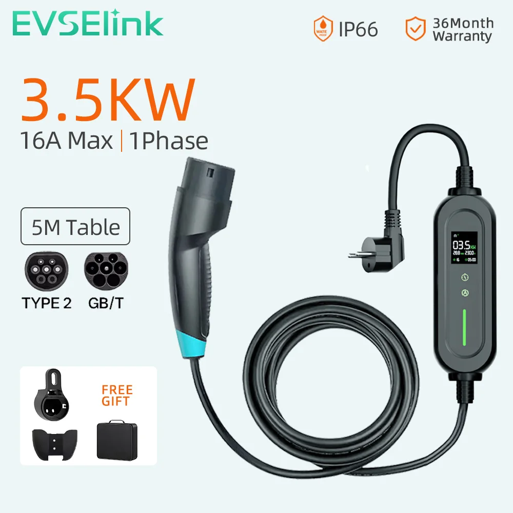 EVESLink Type 2 Portable EV Charger 3.5KW 16A Fast Charging 1Phase Electric Vehicle WallBox 5M Cable for EV Car 1 EVESLink Type 2 Portable EV Charger 3.5KW 16A Fast Charging 1Phase Electric Vehicle WallBox 5M Cable for EV Car 1