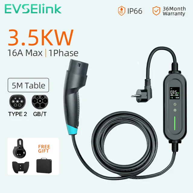 EVESLink Type 2 Portable EV Charger 3.5KW  16A  Fast Charging 1Phase Electric Vehicle WallBox  5M Cable for EV Car 1