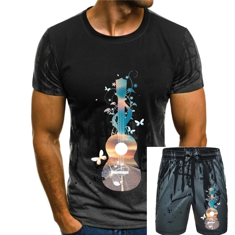 

Обычная индивидуализированная футболка из 100% хлопка, Мужская футболка, гавайская укулеле, фантазия, бабочки, музыка, Классическая футболка