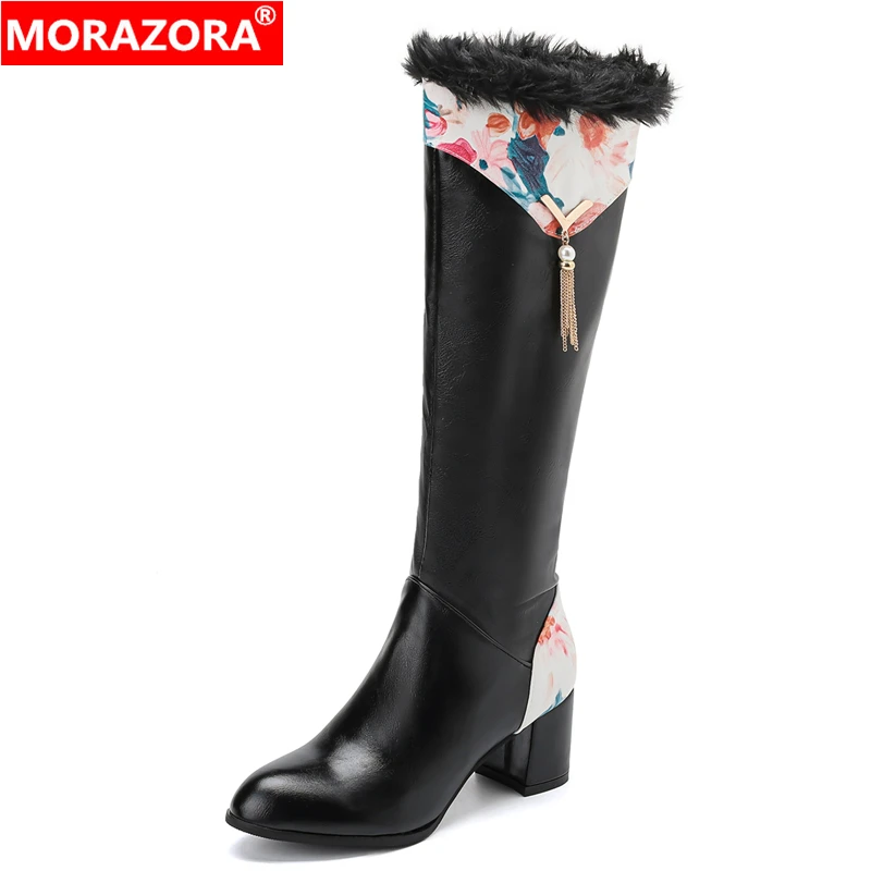 

MORAZORA Big Size 34-43 Women Boots Thick High Heels Knee High Boots Zipper Tassel Autumn Winter Ladies Shoes