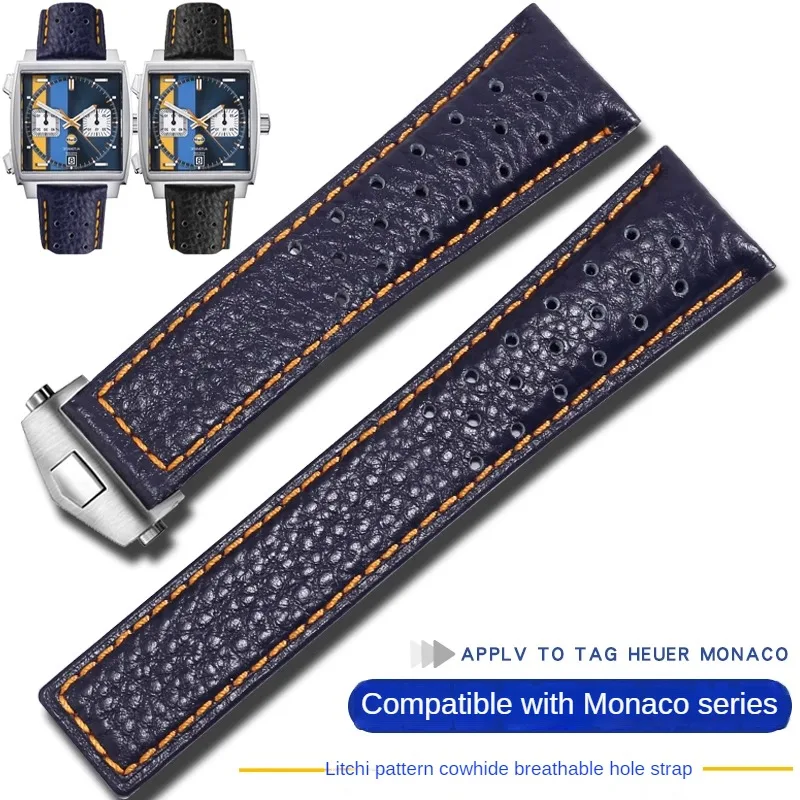 

Flat Interface Genuine Leather Watch Strap Suitable For Carlisla Monaco Series Flding Buckle Cowhide Watchband 22mm