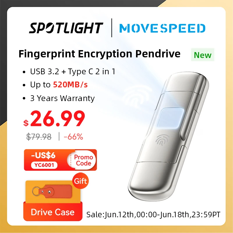  MOVESPEED USB3.2 Solid State Pendrive AES256 & Fingerprint Encryption 520MB/s USB Type C Gen 2 Flash Drive 1TB 512GB 256GB 128GB 