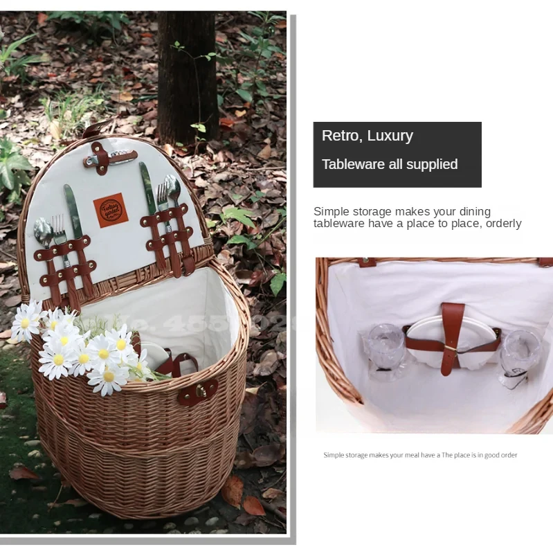 Rattan Weaving Picnic Basket Trolley cart Multifunctional Wheeled Storage Basket with Lid Hand Basket Outdoor Picnic Props 5
