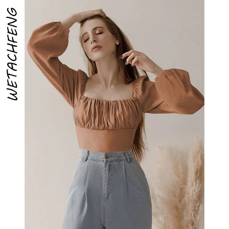 

Women Blouses Sexy Solid Pleated Lantern Sleeve Square Collar Crop Tops Shirts 2022 Sping Elegant Chic Tank Tops Blusa Mujer