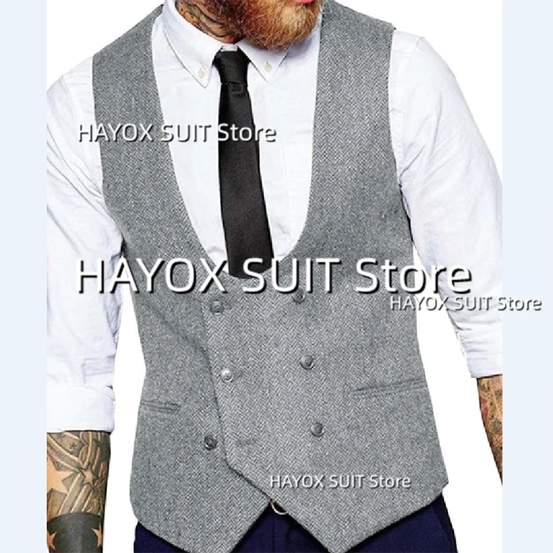 Men's Slim Fit Suit Vest Double Breasted Herringbone Tweed Tank TopSleeveless Jackets Vintage Tooling Tuxedo 3