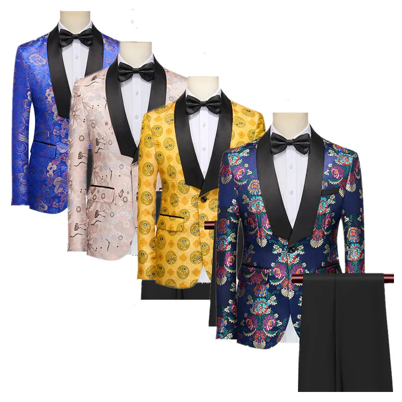 ( Blazer + Pant ) Fashion Men Luxurious Jacquard Suit Blue / Yellow Men's Business Social Wedding Prom Party Tuxedo Dress Set
