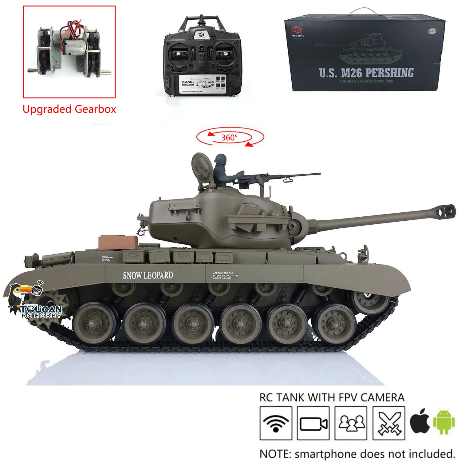 Henglong FPV 1/16 M26 RTR Radio Contol Tank 3838 With 360°Turret Rotation Upgrade Parts Gearbox Barrel Recoil 7.0 Version 3