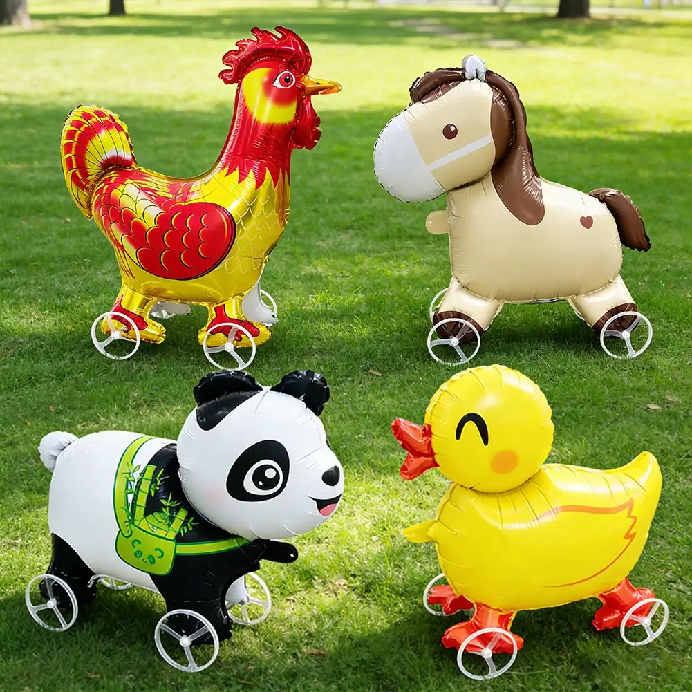 Laufende Tier-Folienballons mit Rädern: Schwein, Pferd, Ente, Panda, Huhn – Haustier-Ballons für Kindergeburtstagsfeiern und Dekorationen