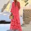 112978-6308b7.jpg Robe longue bohème à pampilles pour femmes, col en V, grande taille, dentelle, monochromatique, robe élégante, mode décontractée, vacances Boho