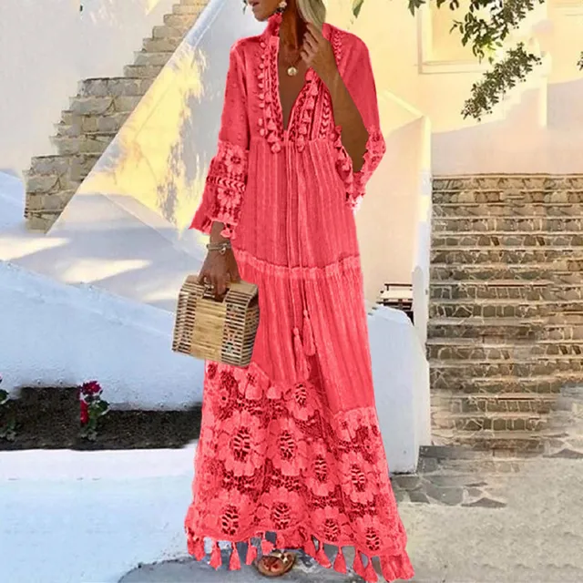 112978-6308b7.jpg Robe longue bohème à pampilles pour femmes, col en V, grande taille, dentelle, monochromatique, robe élégante, mode décontractée, vacances Boho