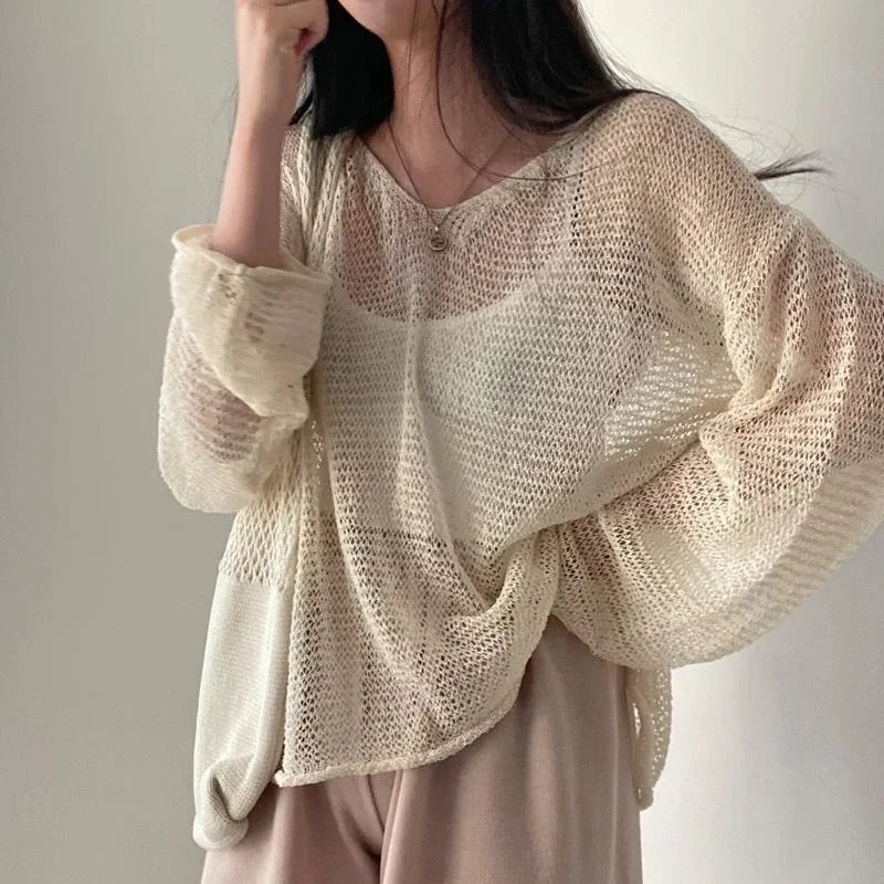 

Thin Mesh Sweater Pullover Women's Jumper Korean Fashion Knitted Tops Summer Hollow Out Sexy Casual Streetwear Chic Style Pull