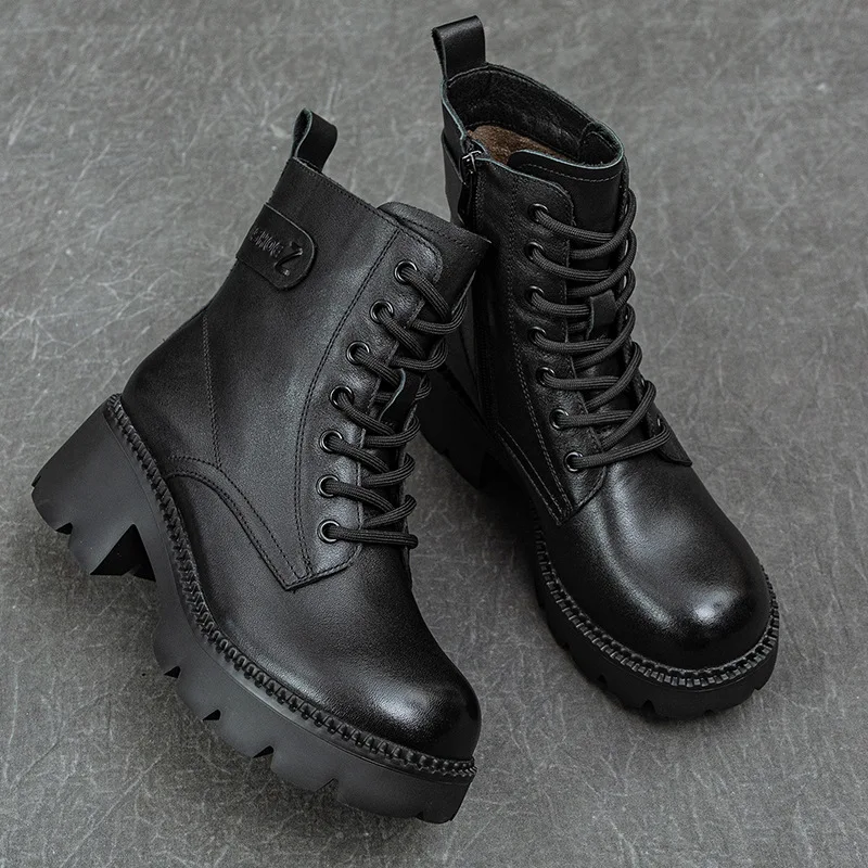 Fashion New Genuine Leather Shoes Women Boots Black Round Toe Flat With Handmade Sexy Concise Leisure Sewing Platform Boots Larg