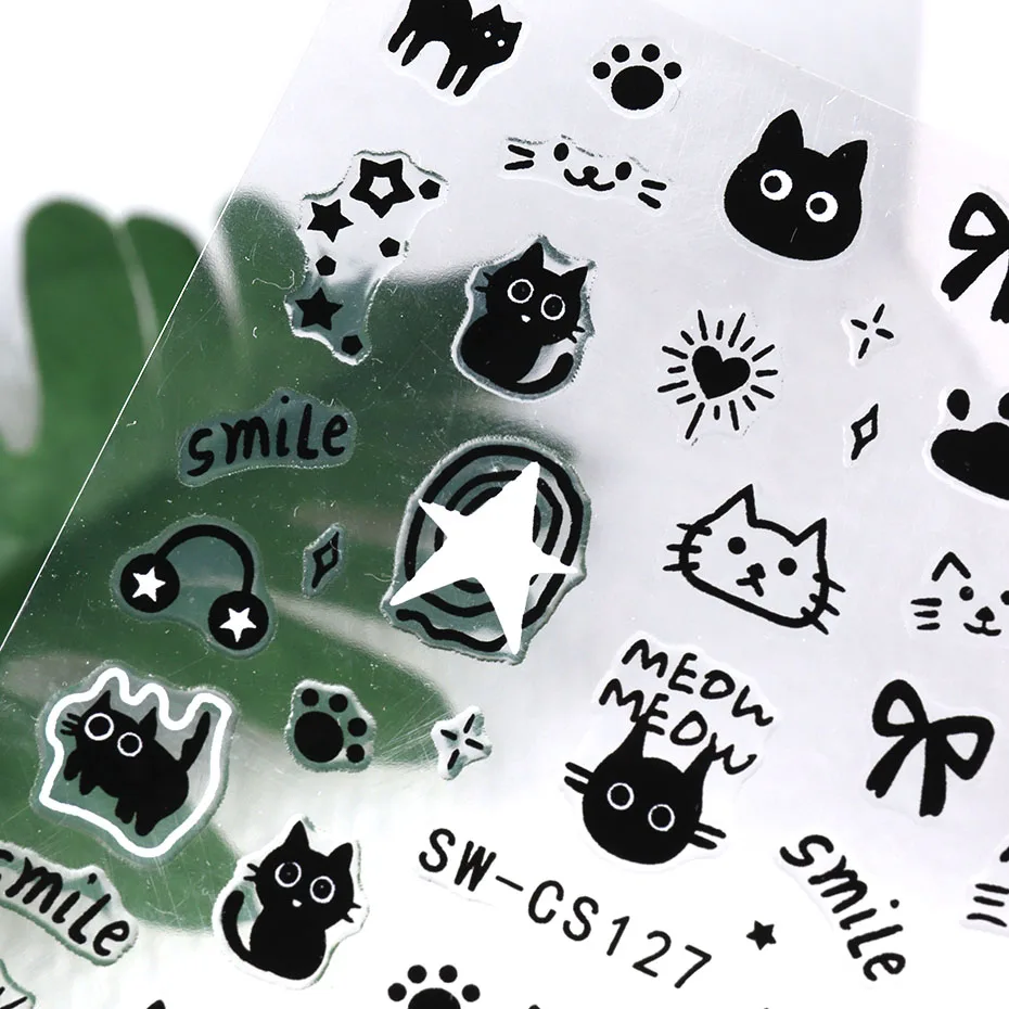 2pcs Cartoon Black White Cat Y2K Nail Stickers 3D Bow Stars Letters Sliders Nail Art Decoration Decals DIY Manicure Accesories