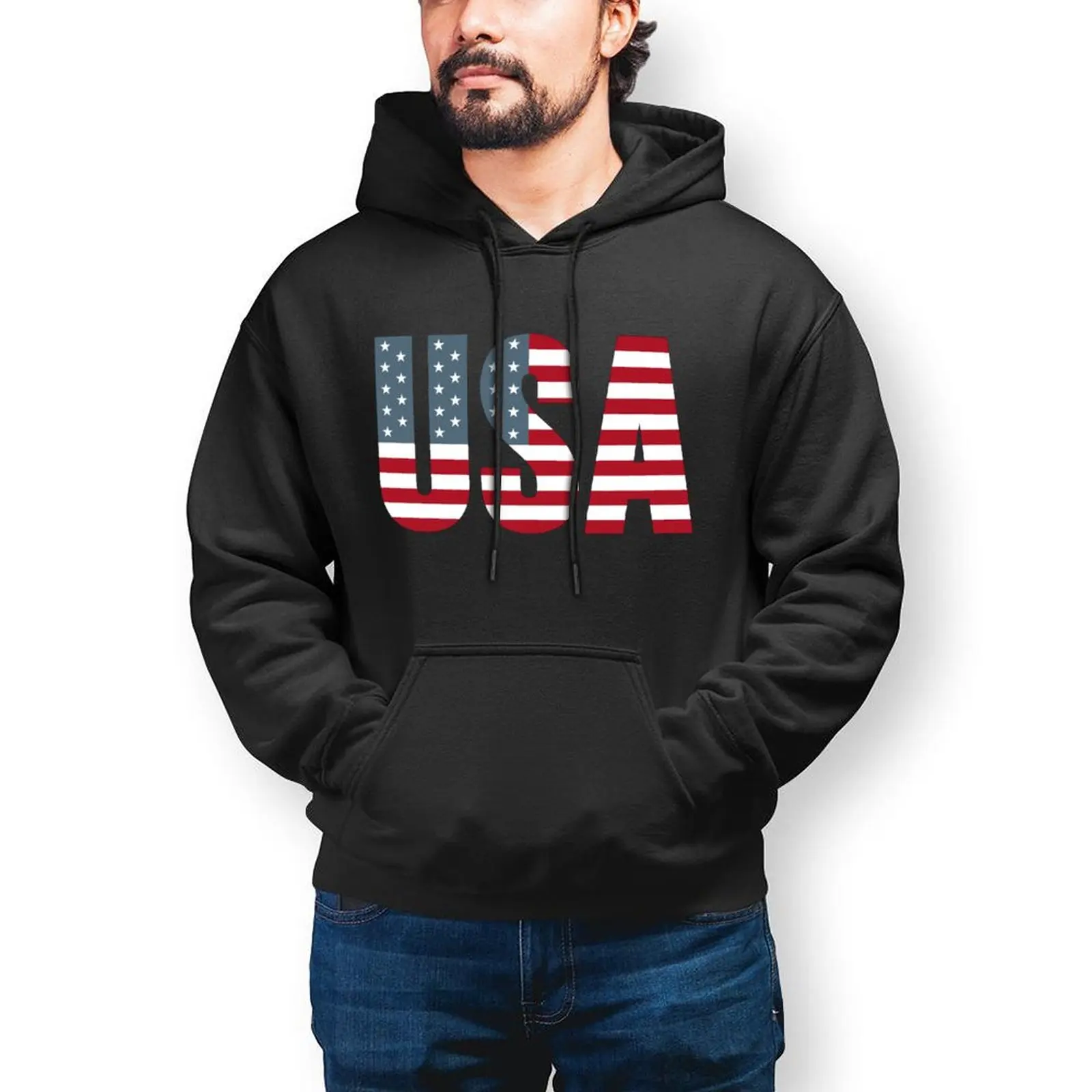 

USA Letter Flag Streetwear Hoodies Winter Classic Printed Vintage Pullover Hoodie Men Oversized Loose Custom Cotton Sweatshirts