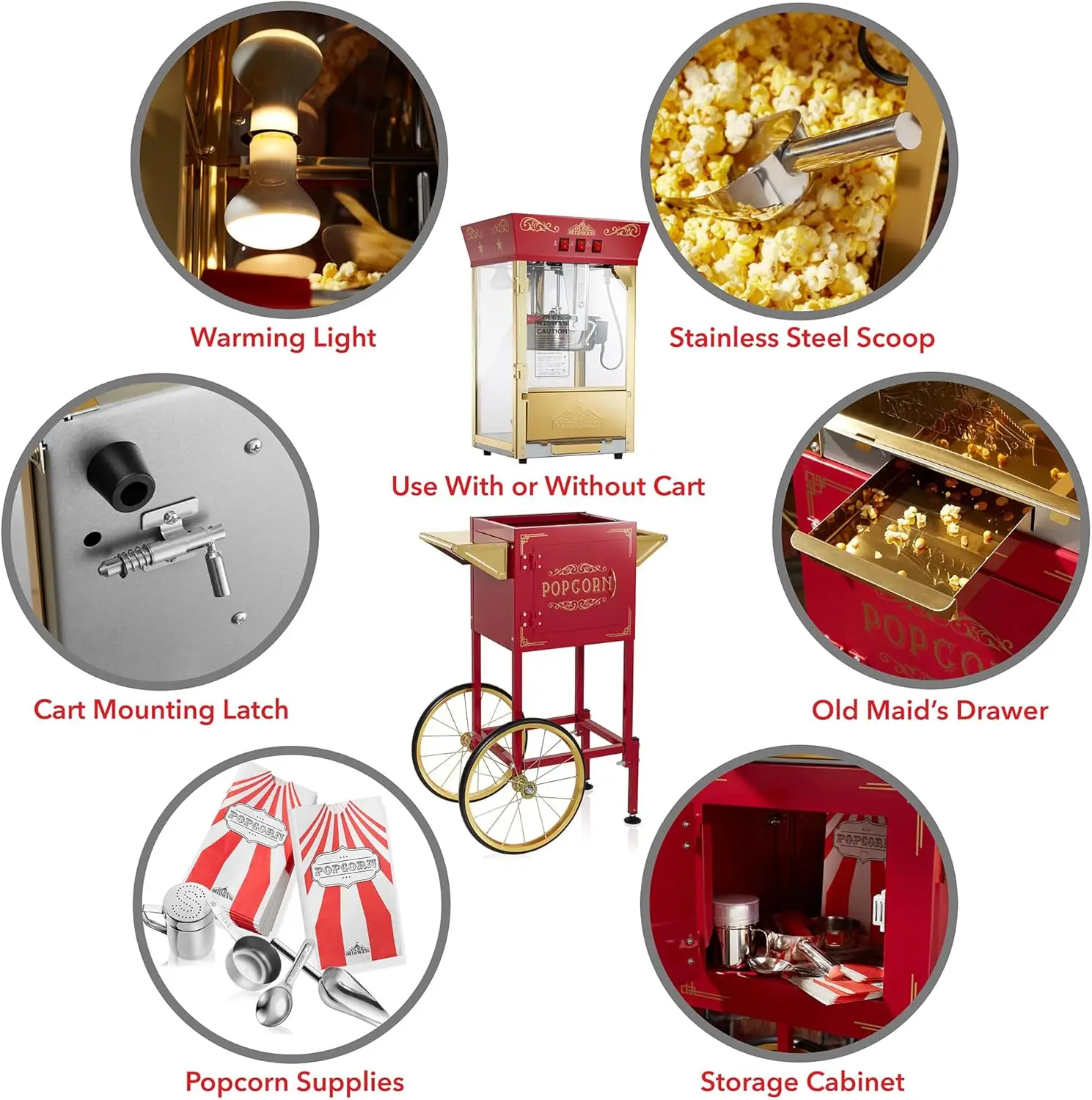 Popcorn Machine Maker with Cart and 8-Ounce Kettle - Red, Vintage-Style Popper on Wheels 6