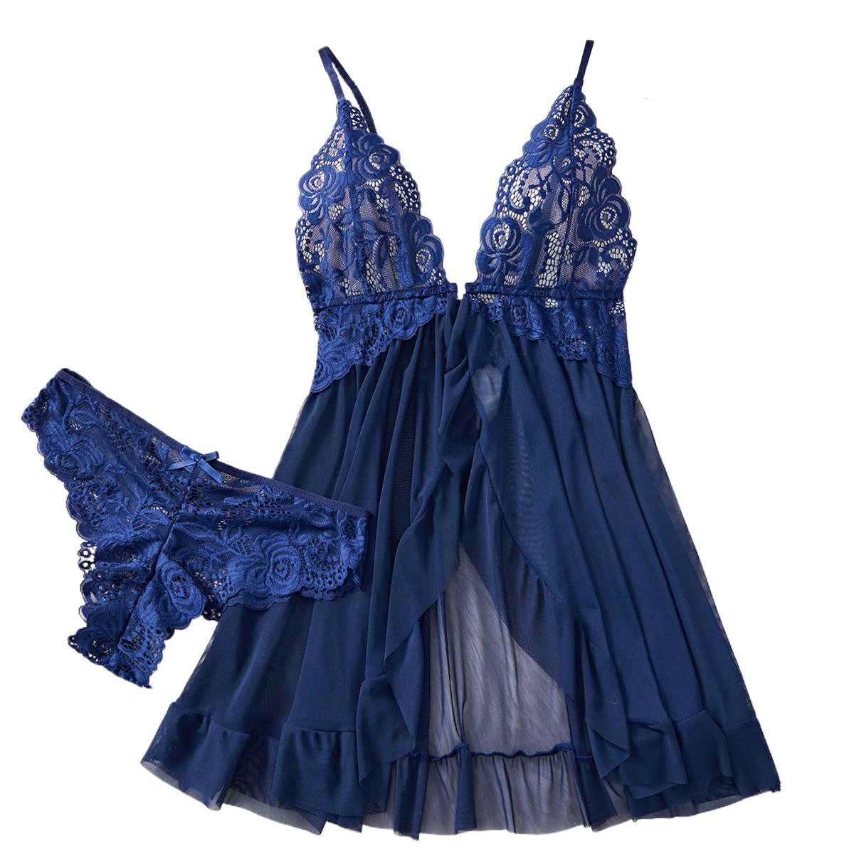 Ensemble de lingerie transparente bleue pour femmes, sous-vêtements, vêtements de nuit, robe de nuit en dentelle et culotte, pyjama, nuisette féminine 1