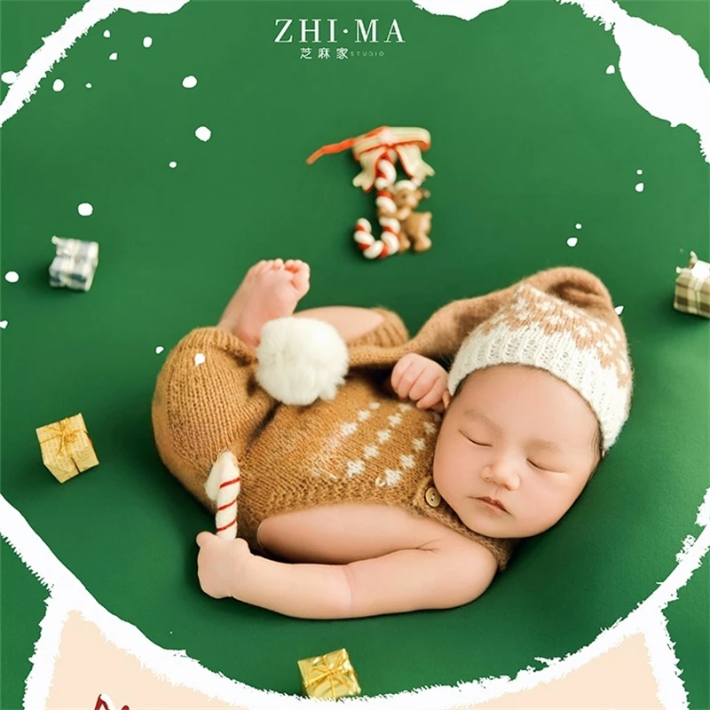 Dvotinst Newborn Baby Photography Props Christmas Green Backdrop Khaki Outfits X'mas Decorations Studio Shooting Photo Props