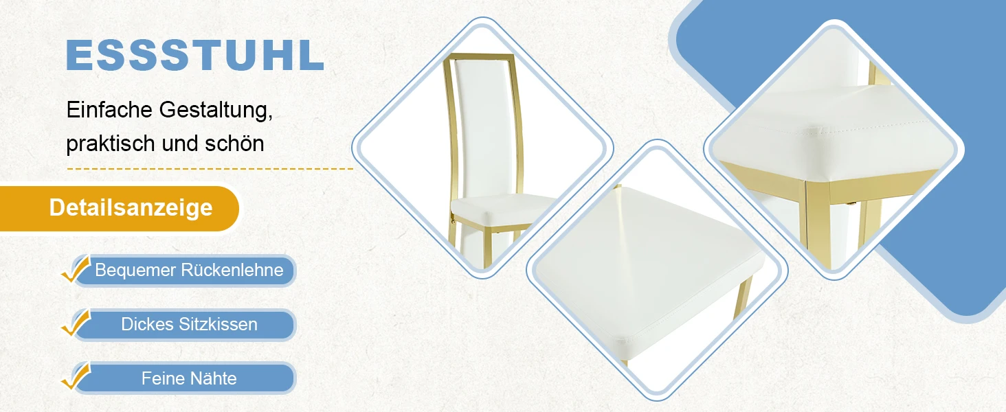 [2er-Set] Europäische minimalistische Esszimmerstühle mit Goldverzierung. Weißes PU-Leder + goldfarbener Metallrahmen, 109 cm hoch. – Detail 11