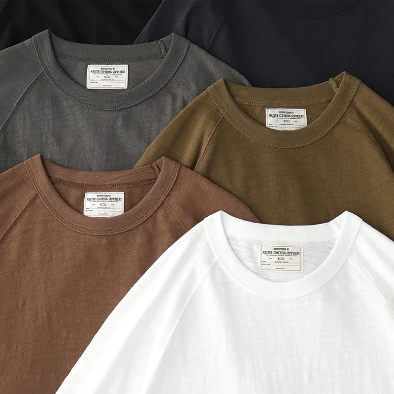 

Autumn New American Retro 210g Long Sleeve O-neck Solid Color T-shirt Men's Fashion 100% Slub Cotton Washed Casual Loose Tops