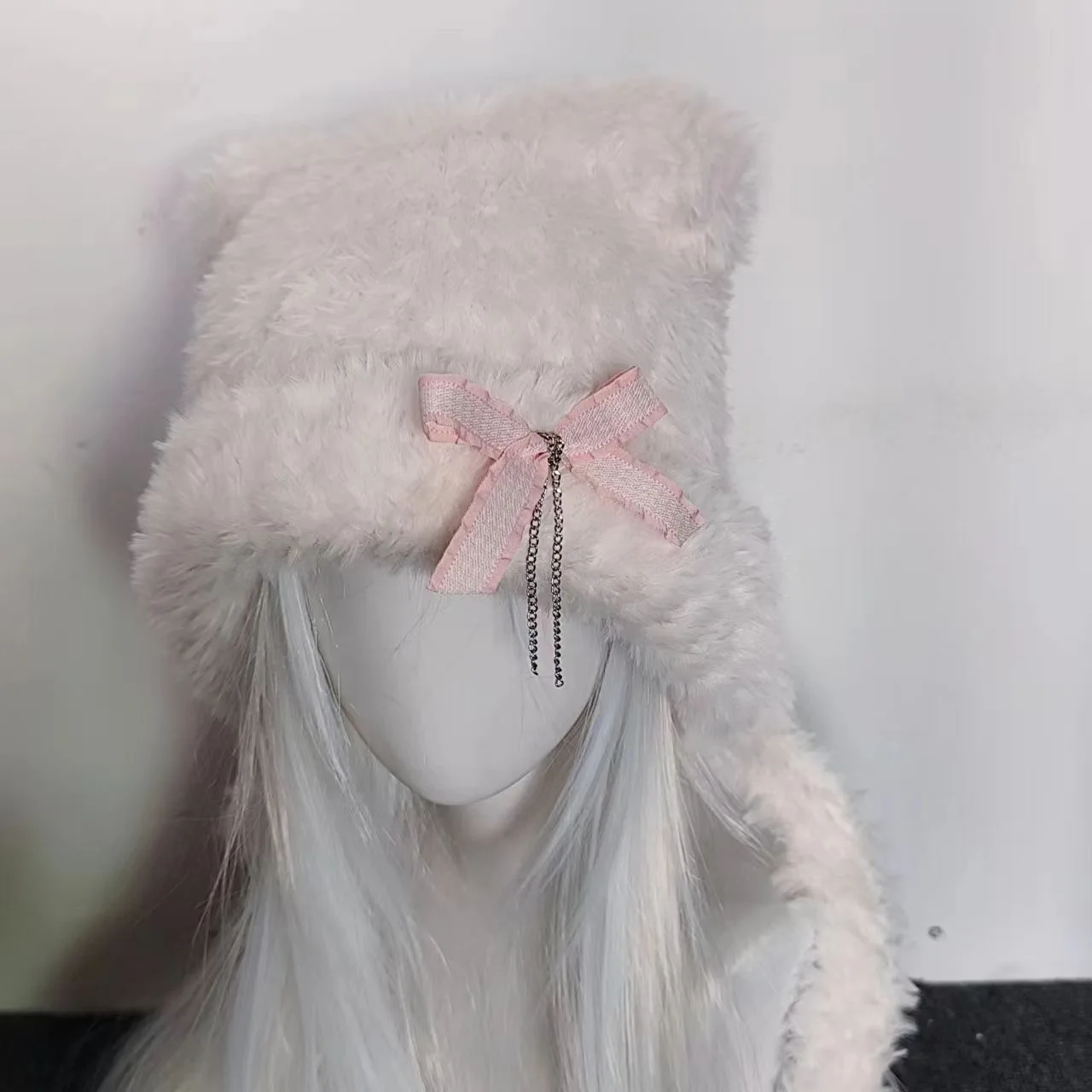 Harajuku Gothic Lolita Y2K Knitted Bear Ear Bowknot Chain Hat Women Punk Designer Winter Black Beanie Female Accessories Cap