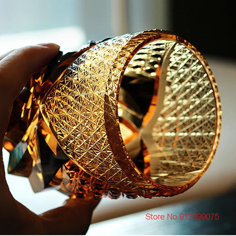 Amber Gem Whiskey Glass Japanese Edo Kiriko Crystal Wine Glasses Manual Diamond Cut 3D Relief Royal Court XO Whisky Tasting Cup