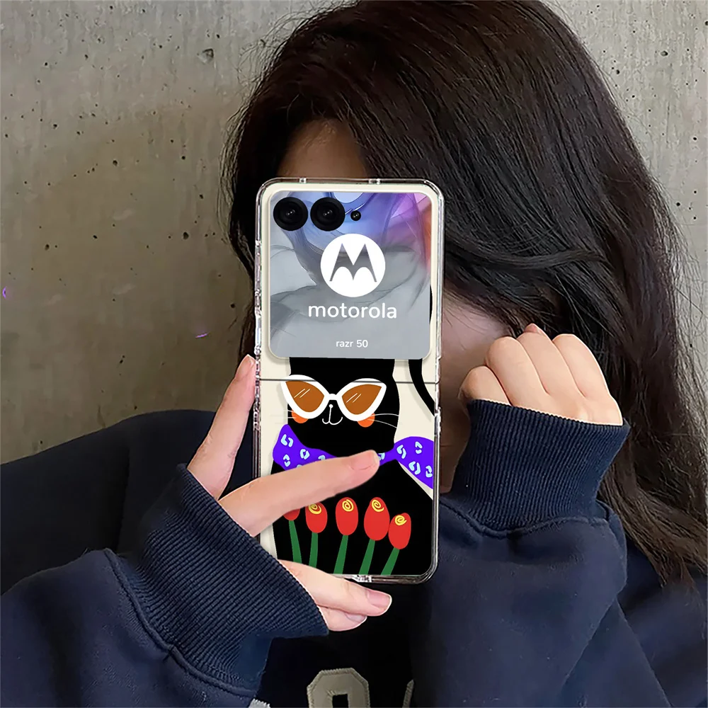 Cute Lazy Black Cat Transparent Hard Folding Phone Case Cover