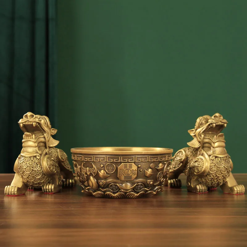 Copper Pixiu Feng Shui Ornament Decorations, Wealth, Office, Home, Mascot, Business Opening Gifts, Cornucopia, Treasure Bowl D