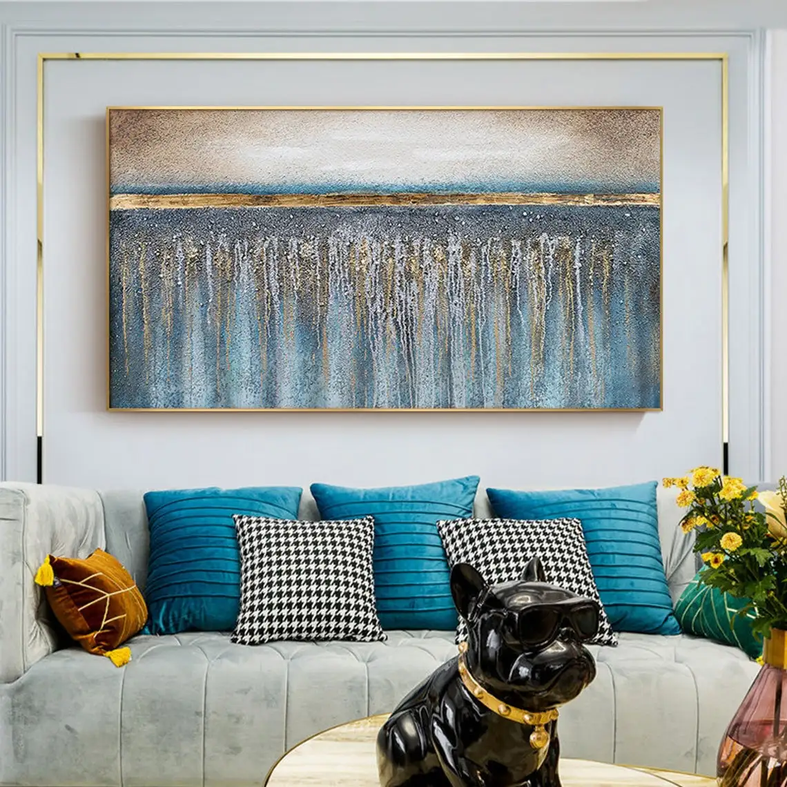 

Hand-Painted Blue & Gold Oil Painting On Canvas Gold Foil Painting Flowing Painting Large Oil Painting Abstract Wall Art Spring