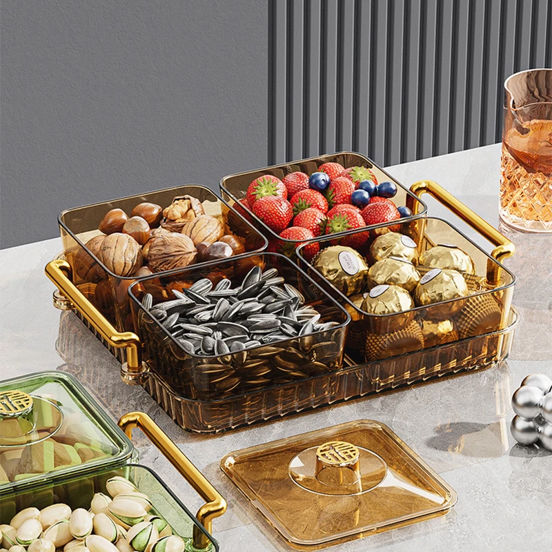 2/4/6 Grid Acrylic Snack Platter With Lid Fruit Plate Partition Platter Living Room New Year Dried Fruit Tray Candy Storage Box