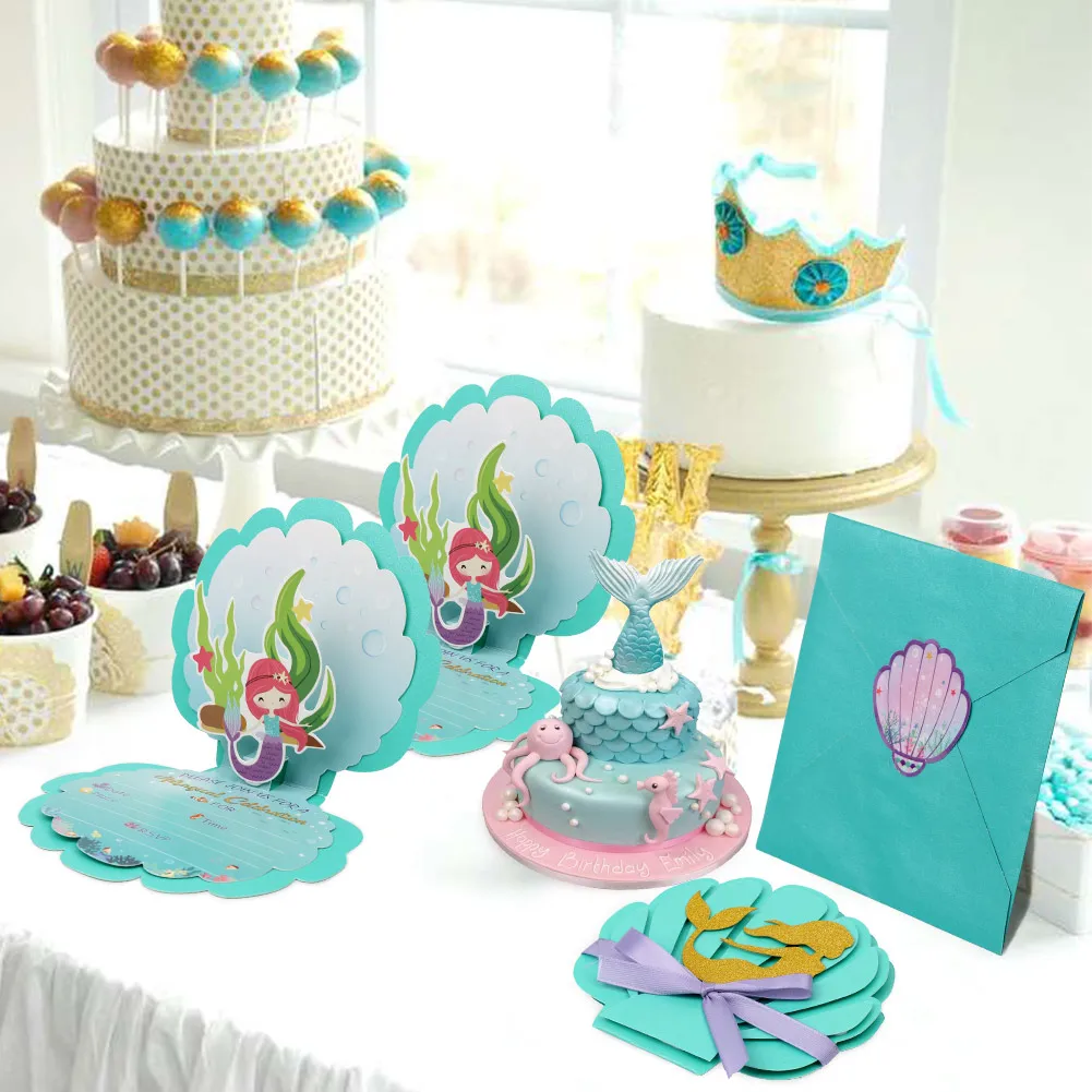 6pcs Invitation card Mermaid Party Invitations, Mermaid Birthday Party Supplies with Envelopes for Kids Girls Birthday Wedding