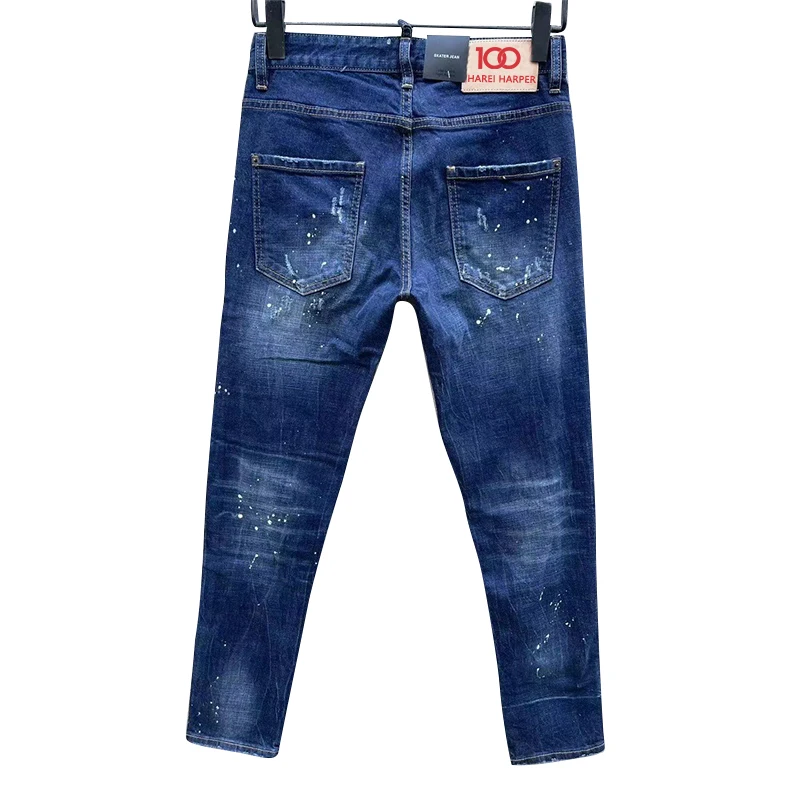 100 chareiharper c061 Men's jeans ripped fabric ground white patchwork paint splash vintage blue jeans