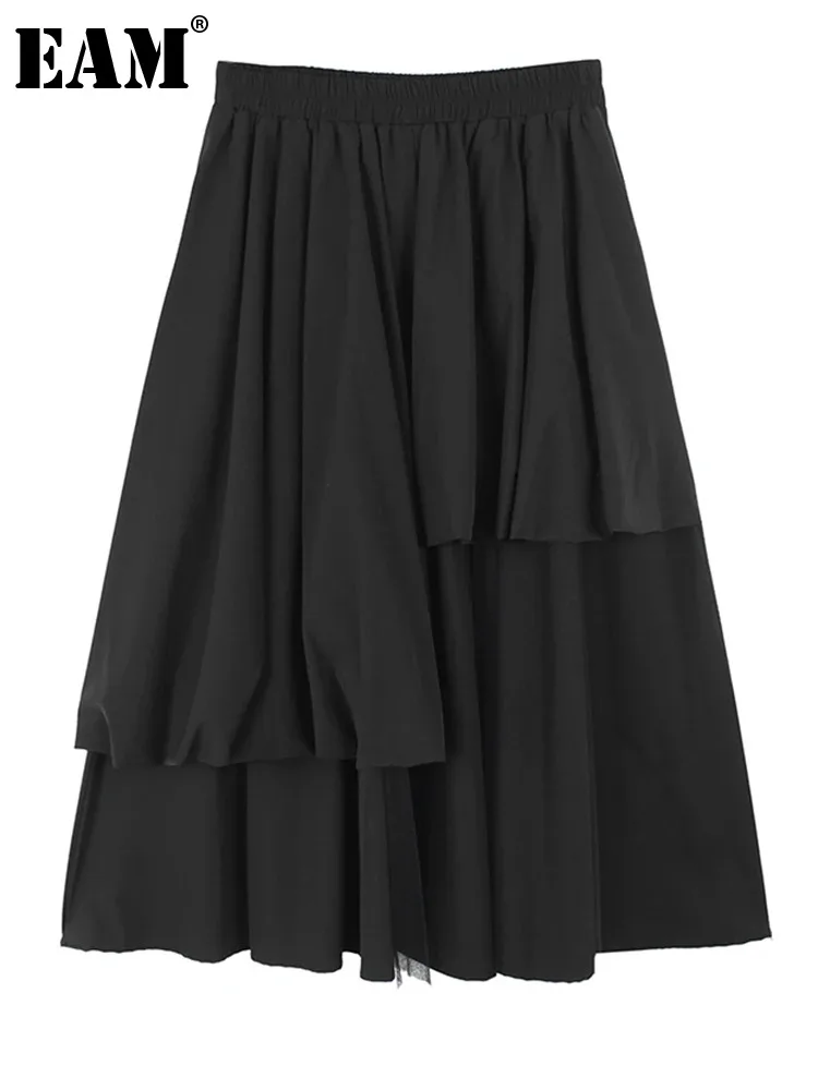 

[EAM] High Elastic Waist Black Ruffles Mesh Irregular Casual Half-body Skirt Women Fashion Tide New Spring Autumn 2024 1DF6092