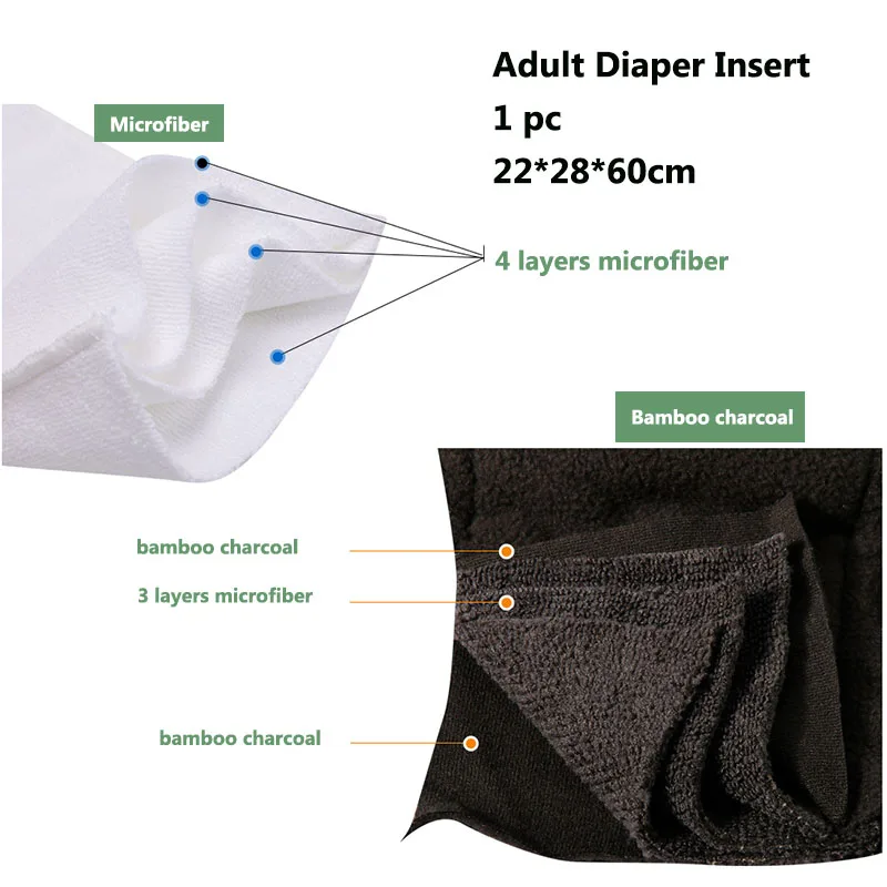 [usurpon]1PC XLarge Size Adult Bamboo Charcoal Reusable Cloth Diaper Pad 22*60cm Washable And Stay Dry Cloth Microfiber Insert