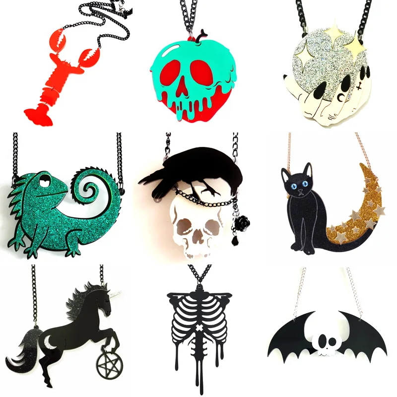 Goth Black Punk Acrylic Necklace for Women Skull Bat Crow Heart Hip Hop Exaggeration Pendant Fashion Jewelry Charms | Украшения и