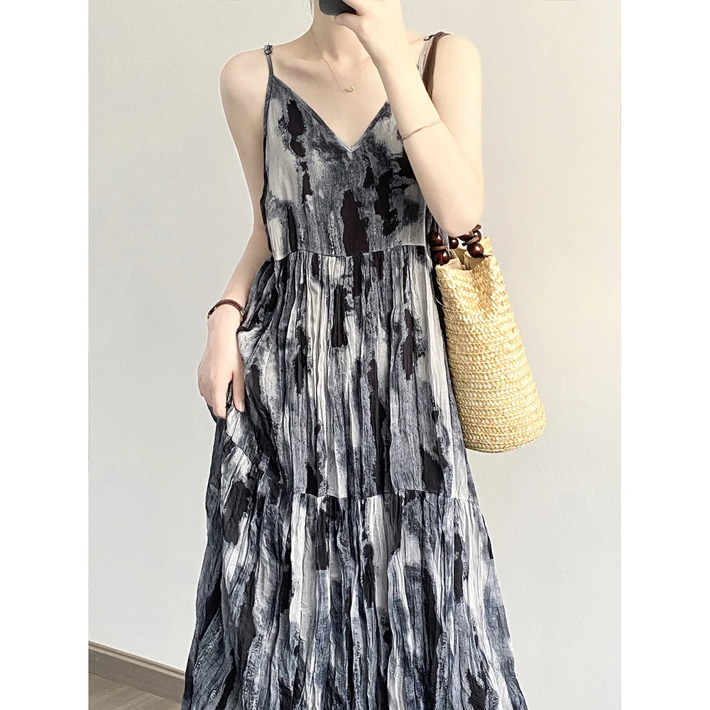 

Ink Print Camisole Dress 2024 Summer New Temperament Mid Length Pleated Camisole Dress