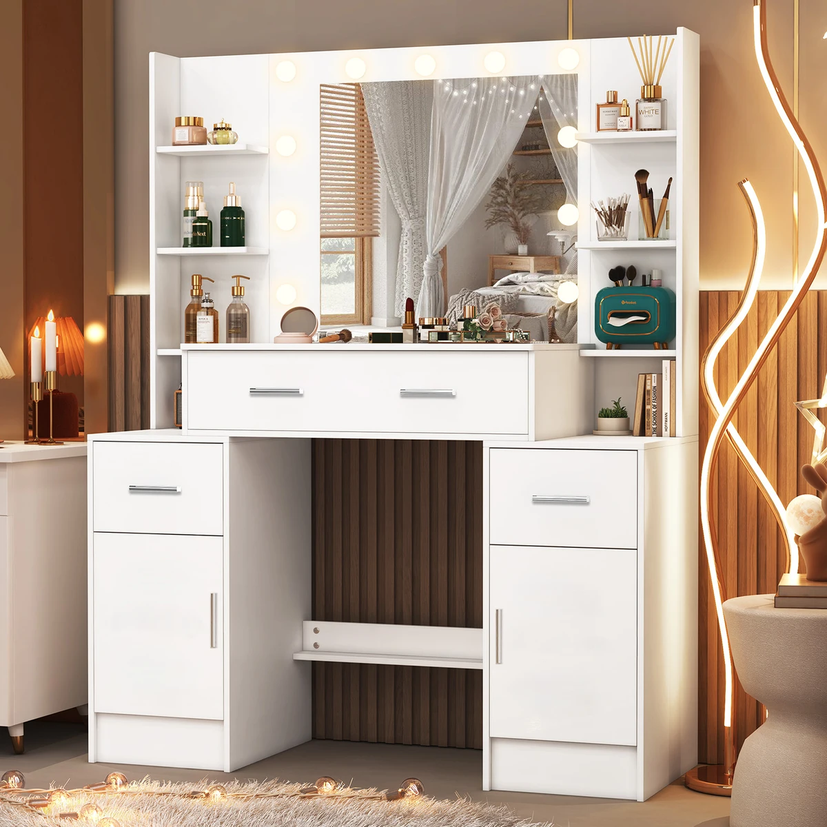 Teousev White Wood Vanity Table Set, 3 Light Modes Adjustable LED Bulbs Mirror, 3 Drawers 2 Cabinets Bedroom Dresser — view 2