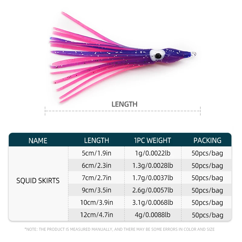 50pcs Mixed Color Glowing Squid Skirt Lures 5–12cm 5