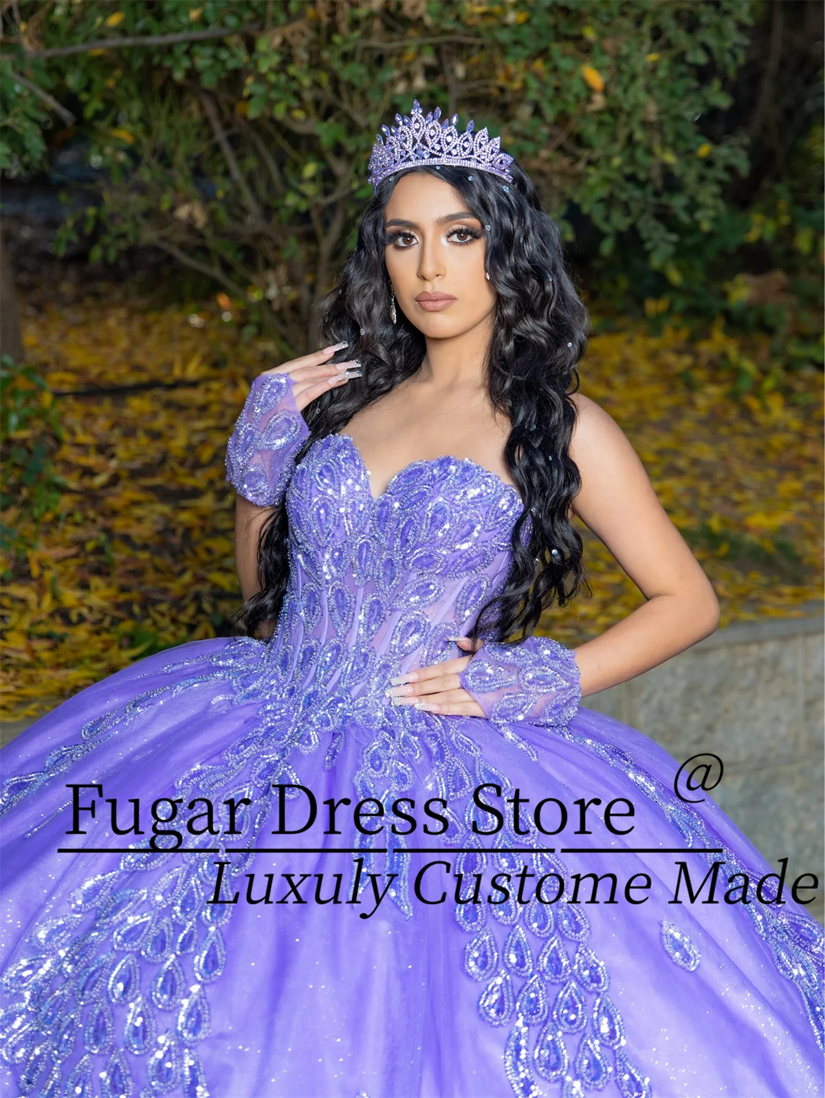 French Lilac Quinceanera Dresses off shoulder pleated sleeves Long strapless sequined applique tight corset платье для девочки