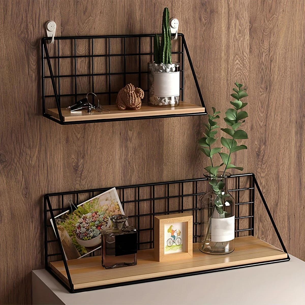 Description Picture 4 of itemFloating Shelves Wall Mounted Wood Storage Display Shelf with Metal Wire Basket Hanging Rack for College Drom Bedroom Bathroom