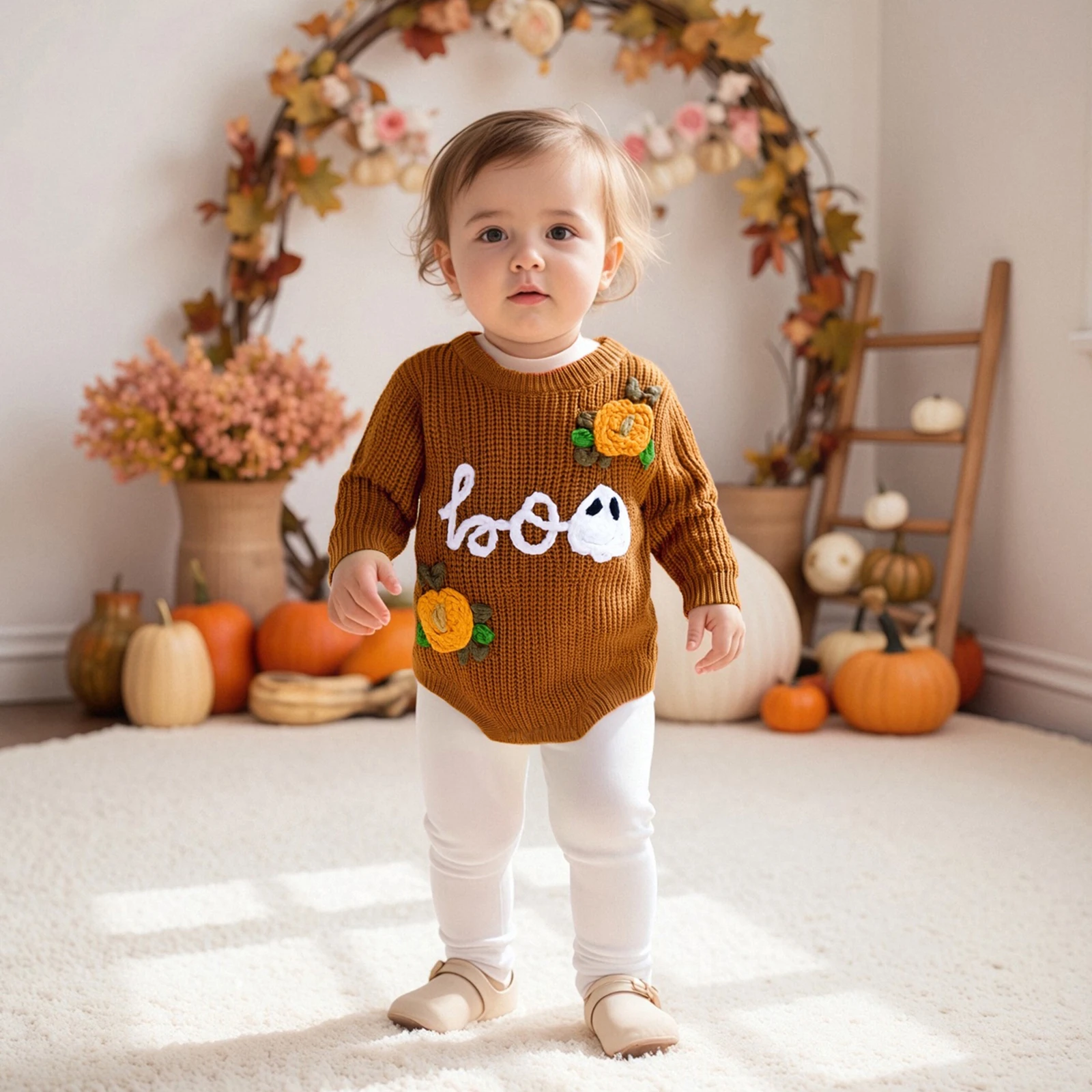  소년 소녀 할로윈 롬퍼 긴 소매 호박 유령 자수 니트 바디수트  가을 플레이수트